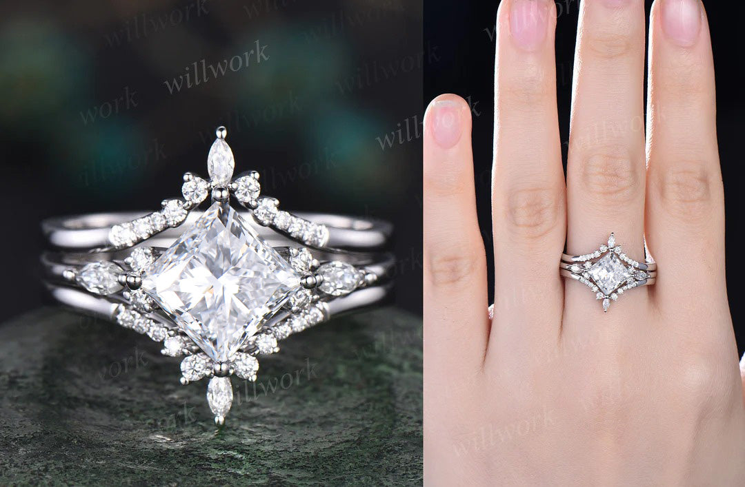 Princess cut lab-grown diamond engagement ring set 14k rose gold unique engagement ring marquise cut diamon-accented ring set fine jewelry women