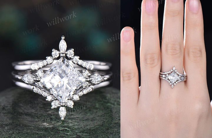 Princess cut lab-grown diamond engagement ring set 14k rose gold unique engagement ring marquise cut diamon-accented ring set fine jewelry women
