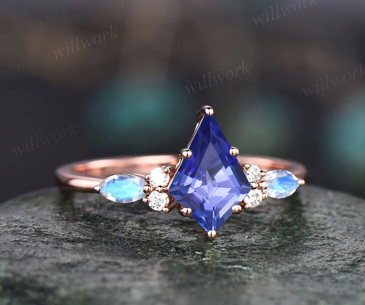 Vintage Kite Tanzanite Engagement Ring Set Art Deco Marquise Cut Moonstone Accent Ring Moissanite Wedding Band Bridal Set