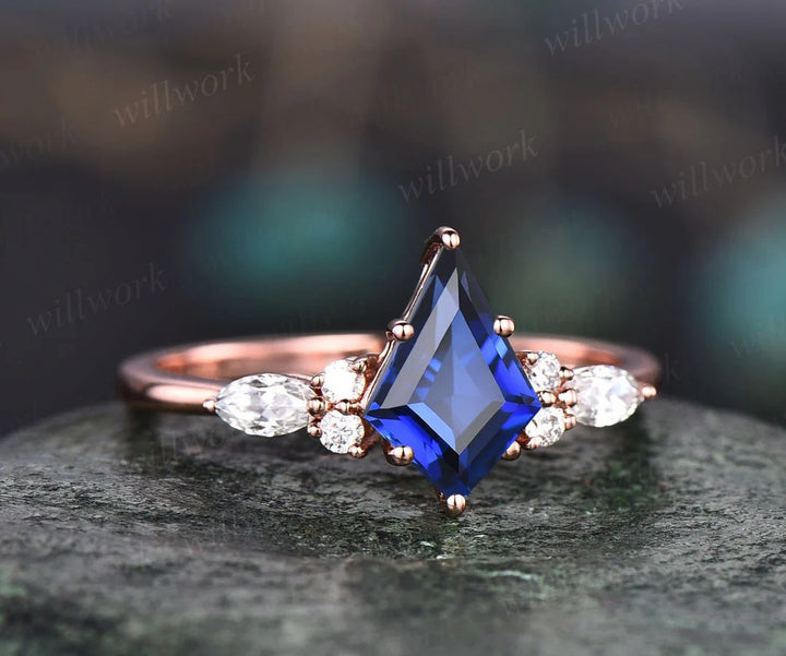 Vintage kite cut blue sapphire engagement ring leaf stacking rose gold diamond wedding promise ring set women jewelry