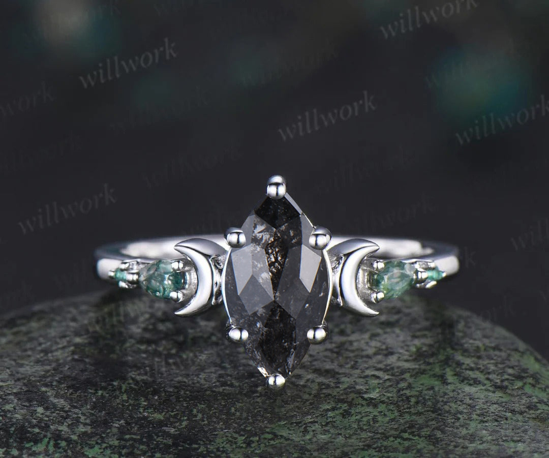 Unique Marquise Salt & Pepper Diamond Ring Set Moon Deco Moss Agate Emerald Accent Promise Ring Curved Band Bridal Set