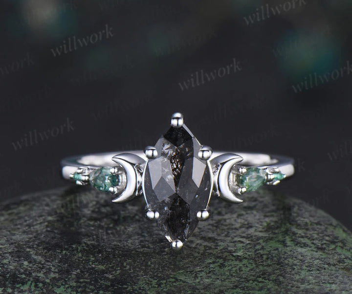 Unique Marquise Salt & Pepper Diamond Ring Set Moon Deco Moss Agate Emerald Accent Promise Ring Curved Band Bridal Set