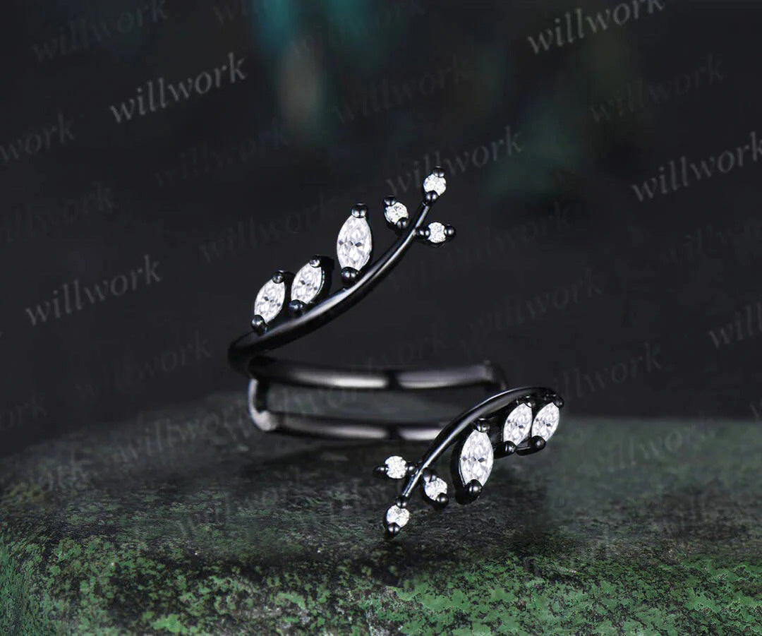 Kite Natural Salt & Pepper Diamond Ring Set Unique Leaf Vine Moissanite Accent Ring Enhancer Band Black Gold Bridal Set
