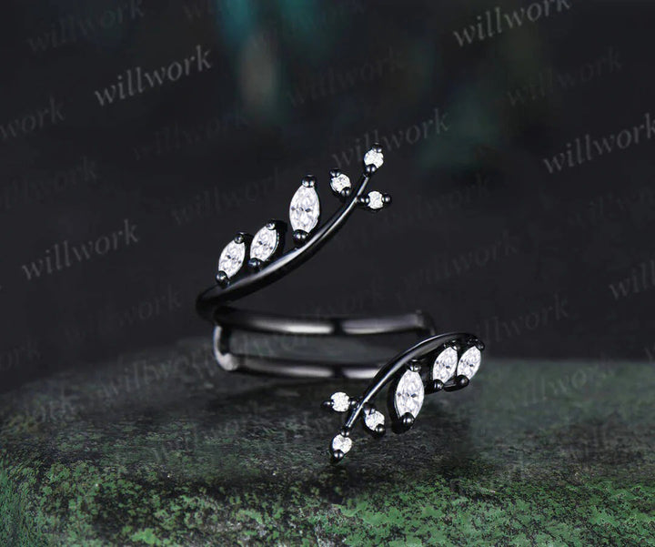 Kite Natural Salt & Pepper Diamond Ring Set Unique Leaf Vine Moissanite Accent Ring Enhancer Band Black Gold Bridal Set