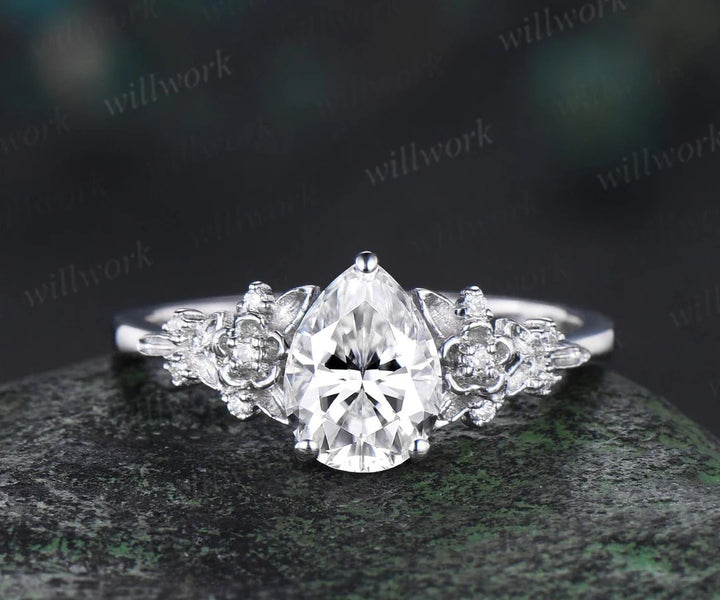 Vintage Pear IGI Lab Grown Diamond Engagement Ring Leaf Flower Nature Inspired Ring Women Unique Bridal Wedding Ring Set
