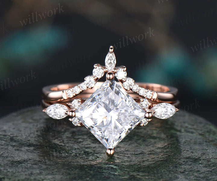 Princess cut lab-grown diamond engagement ring set 14k rose gold unique engagement ring marquise cut diamon-accented ring set fine jewelry women