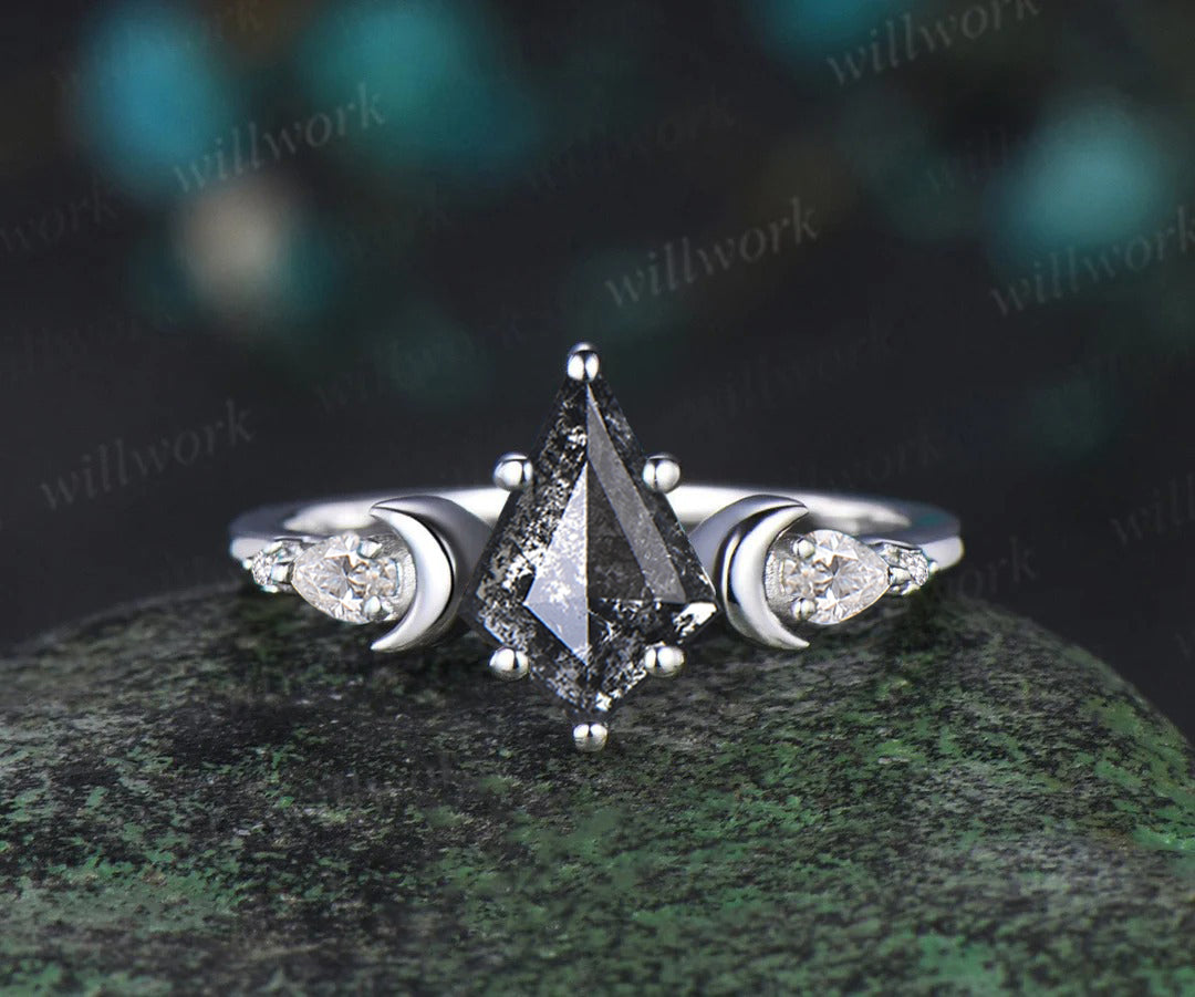 Unique kite cut salt and pepper diamond engagement ring set women 6 prong diamond accented moon bridal ring set