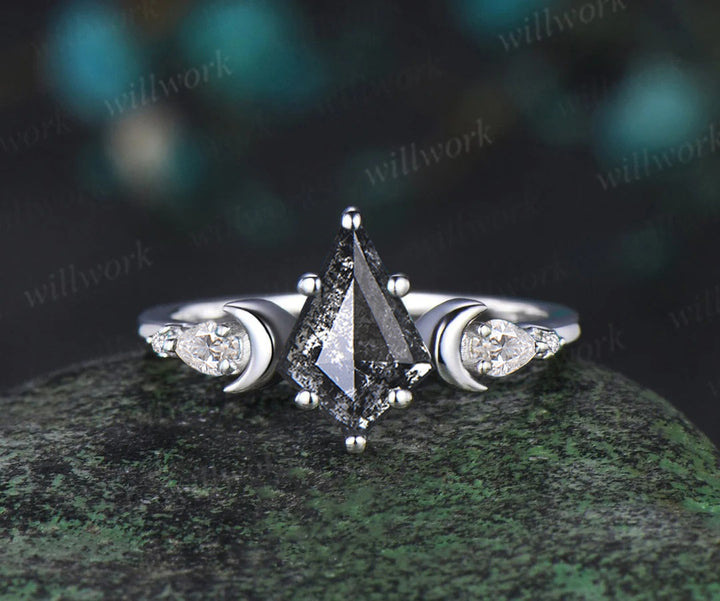 Unique kite cut salt and pepper diamond engagement ring set women 6 prong diamond accented moon bridal ring set