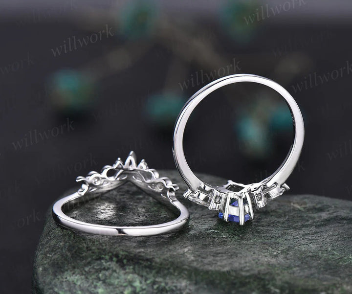 Kite Natural Tanzanite Engagement Ring Set Marquise Diamond Accent Seven Stone Ring Celtic Knot Wedding Band Vintage Bridal Set