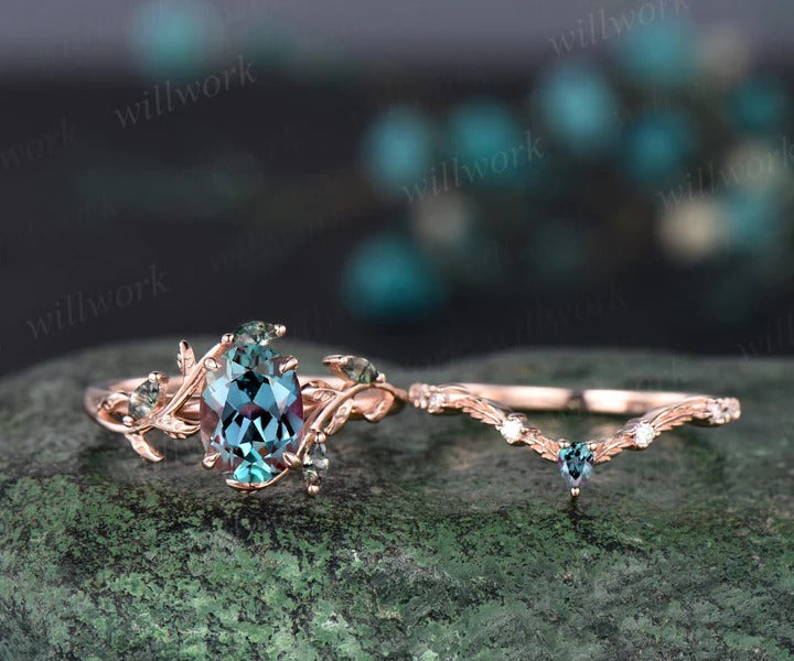 Oval Cut Alexandrite Twig Leaf Ring Set & Baguette Alexandrite Brushed Finish Men Half Eternity Wedding Ring Couple Ring Set