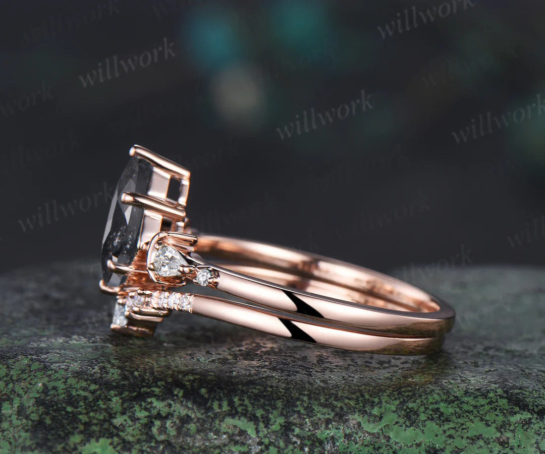 Unique kite cut salt and pepper diamond engagement ring set women 6 prong diamond accented moon bridal ring set