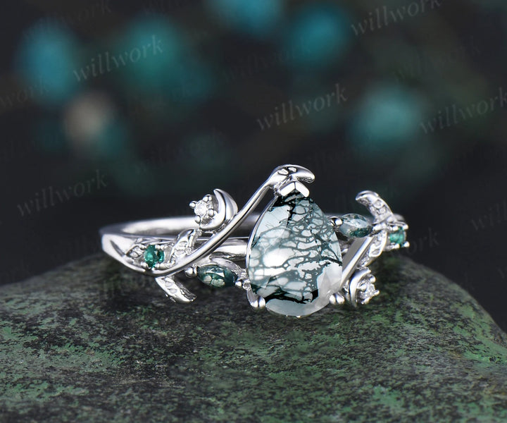 Vintage pear shaped green moss agate engagement ring white gold heart leaf moon nature inspired emerald wedding ring set women jewelry gift