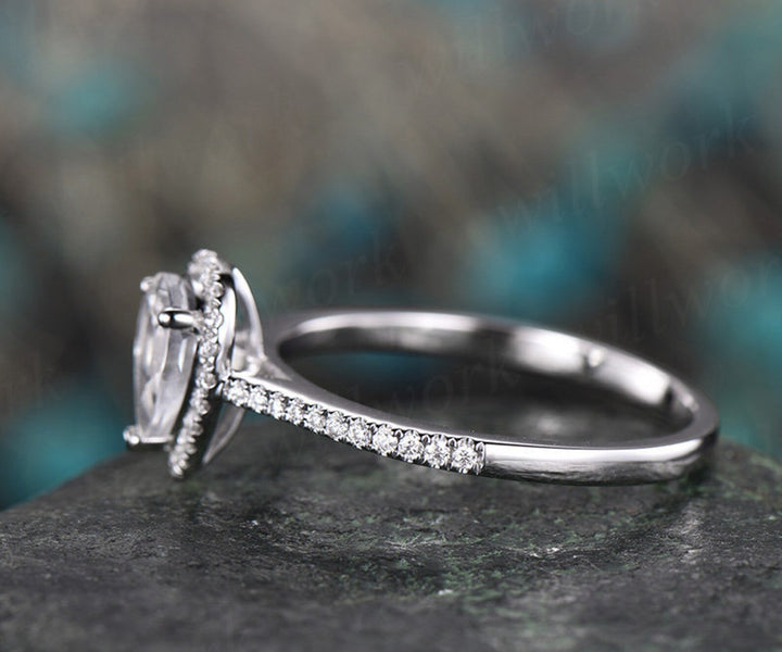 Natural moonstone ring gold moonstone engagement ring solid 14k white gold handmade diamond ring women gift bridal wedding ring fine jewelry