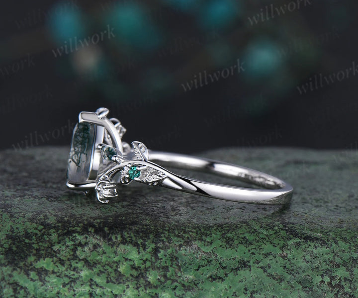 Vintage pear shaped green moss agate engagement ring white gold heart leaf moon nature inspired emerald wedding ring set women jewelry gift