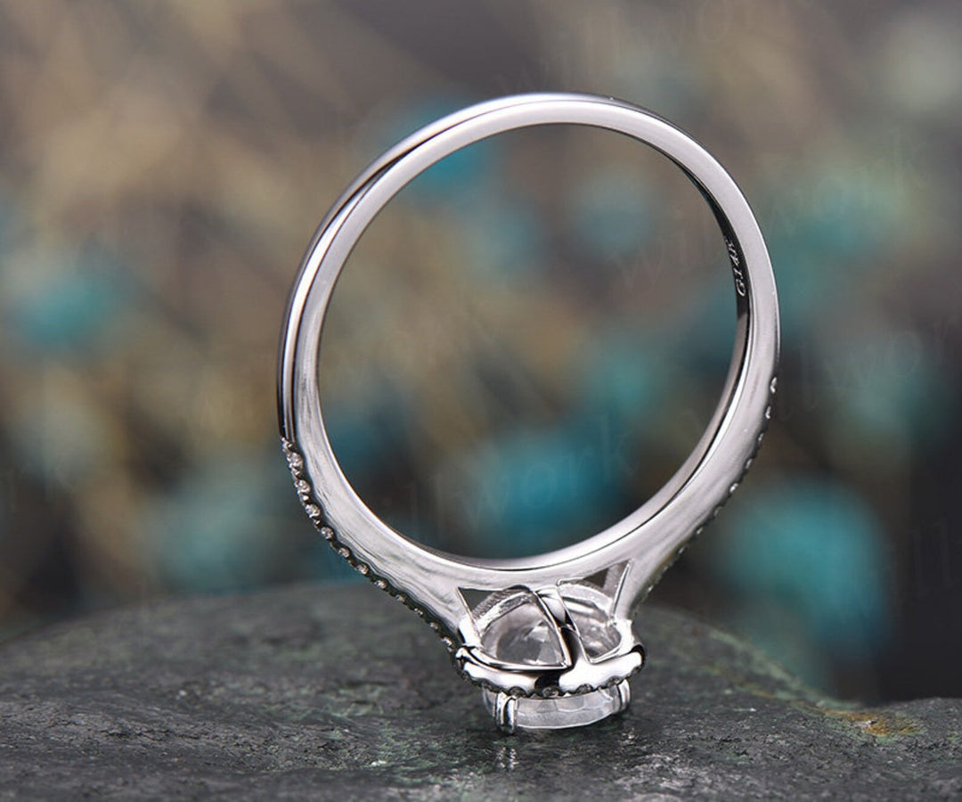Natural moonstone ring gold moonstone engagement ring solid 14k white gold handmade diamond ring women gift bridal wedding ring fine jewelry