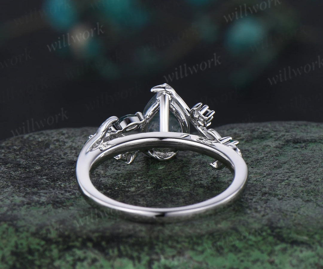 Vintage pear shaped green moss agate engagement ring white gold heart leaf moon nature inspired emerald wedding ring set women jewelry gift