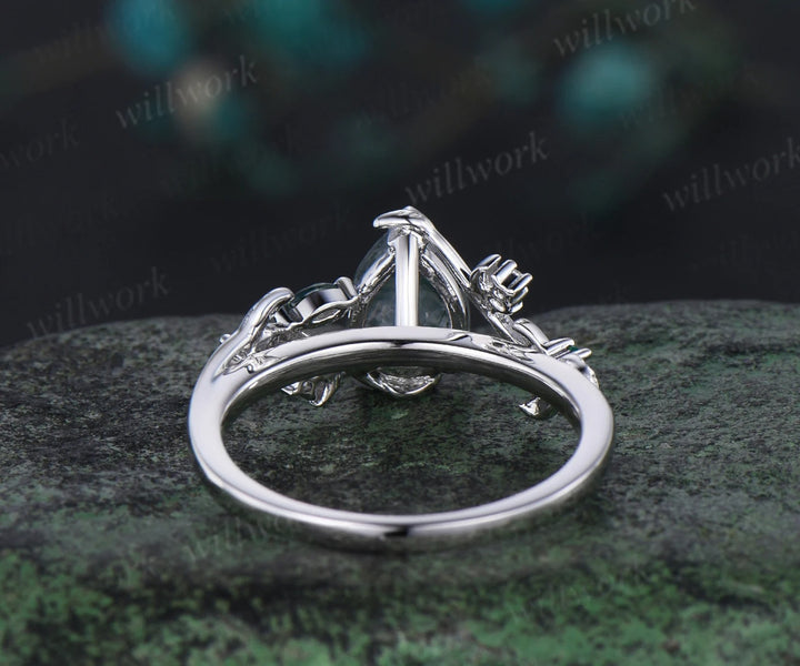 Vintage pear shaped green moss agate engagement ring white gold heart leaf moon nature inspired emerald wedding ring set women jewelry gift