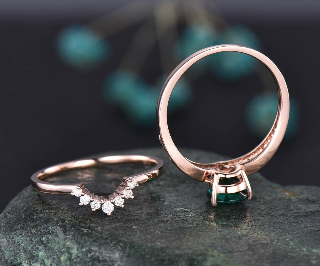 Vintage unique engagement ring 2pcs 6x8mm emerald engagement ring set 14k rose gold split shank diamond moissanite band May birthstone ring