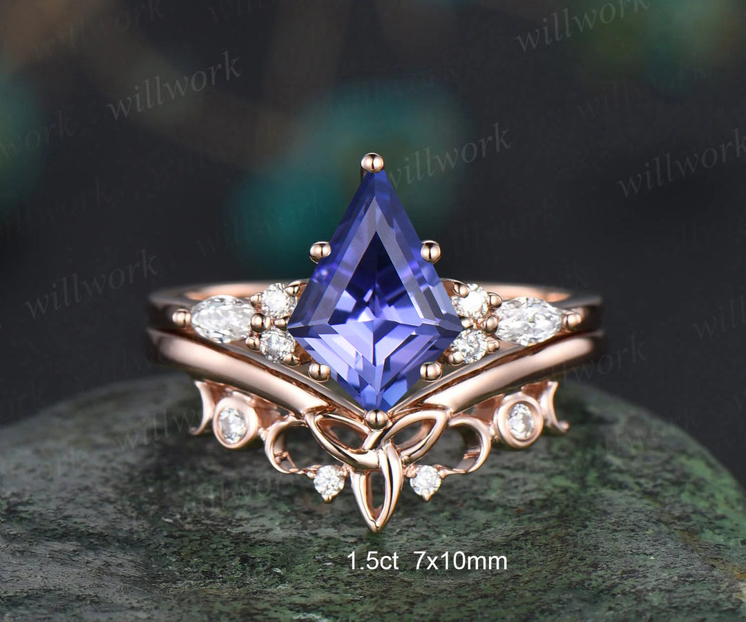 Kite Natural Tanzanite Engagement Ring Set Marquise Diamond Accent Seven Stone Ring Celtic Knot Wedding Band Vintage Bridal Set