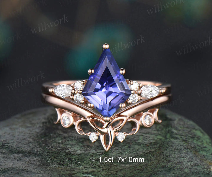 Kite Natural Tanzanite Engagement Ring Set Marquise Diamond Accent Seven Stone Ring Celtic Knot Wedding Band Vintage Bridal Set