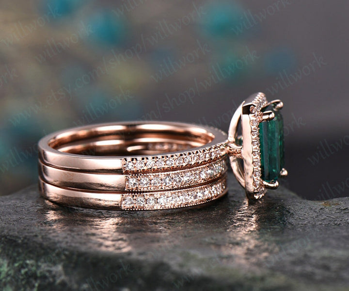 3pcs diamond halo ring emerald cut emerald engagement ring set rose gold May birthstone stacking vintage unique bridal wedding ring set gift