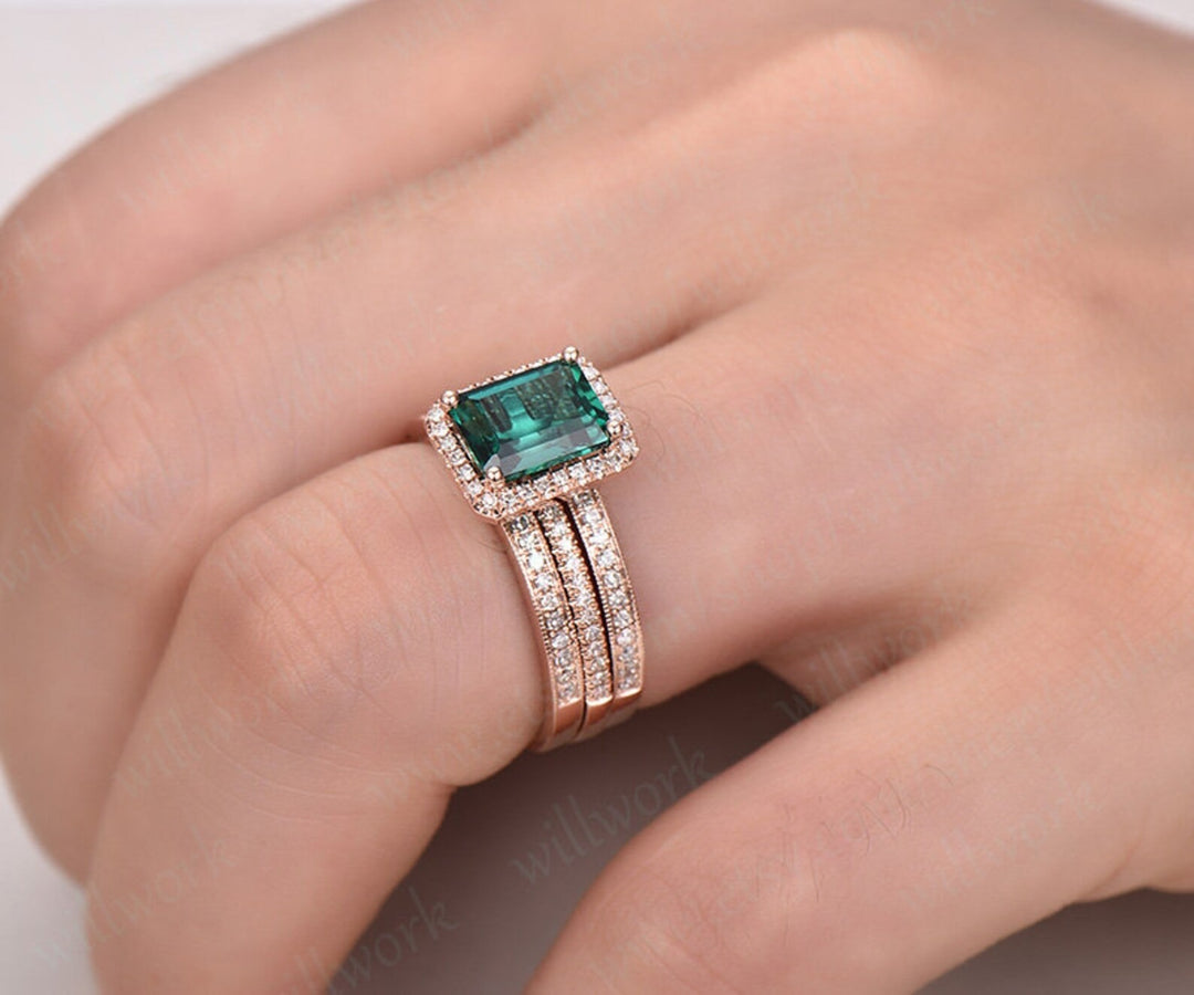 3pcs diamond halo ring emerald cut emerald engagement ring set rose gold May birthstone stacking vintage unique bridal wedding ring set gift