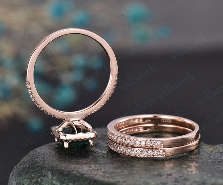3pcs diamond halo ring emerald cut emerald engagement ring set rose gold May birthstone stacking vintage unique bridal wedding ring set gift
