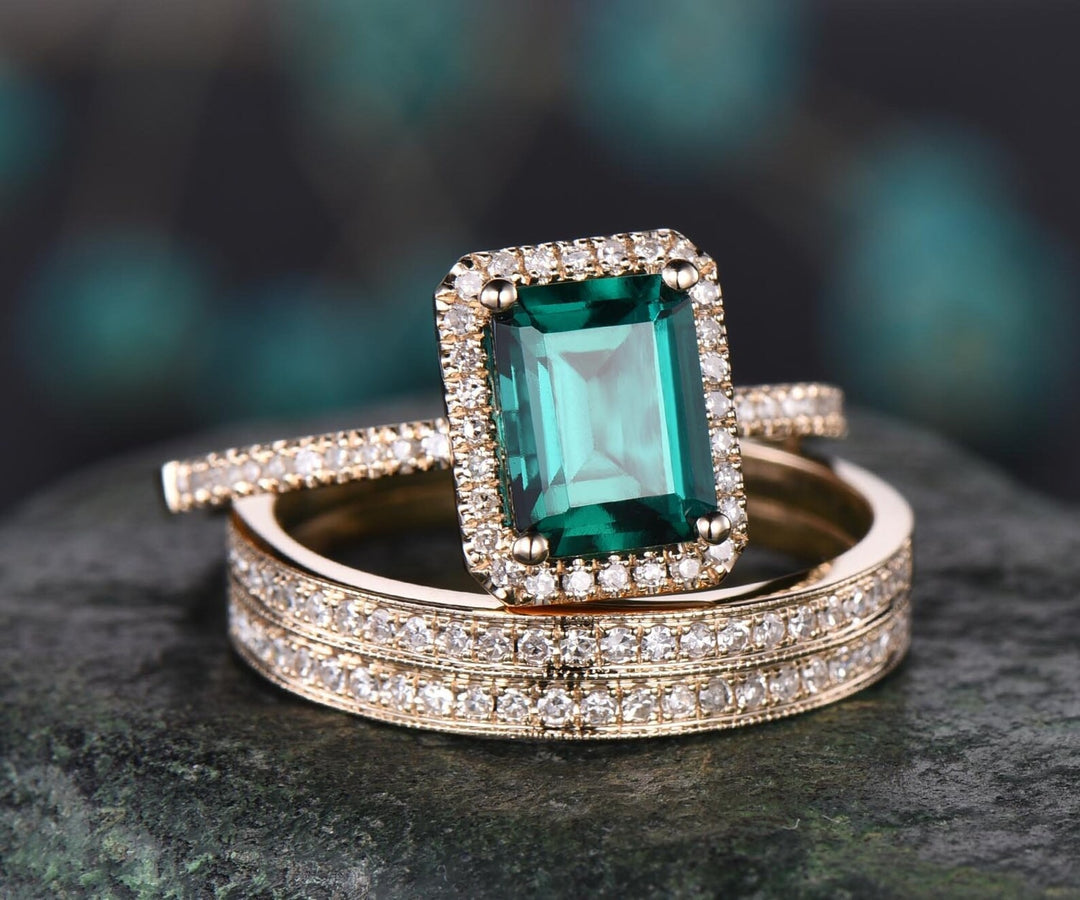 3pcs diamond halo ring emerald cut emerald engagement ring set rose gold May birthstone stacking vintage unique bridal wedding ring set gift