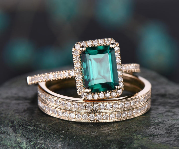 3pcs diamond halo ring emerald cut emerald engagement ring set rose gold May birthstone stacking vintage unique bridal wedding ring set gift