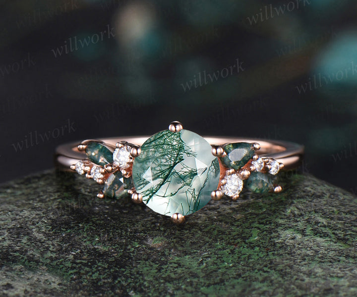 1ct Round cut green moss agate engagement ring rose gold 6 prong snowdrift diamond anniversary promise ring women