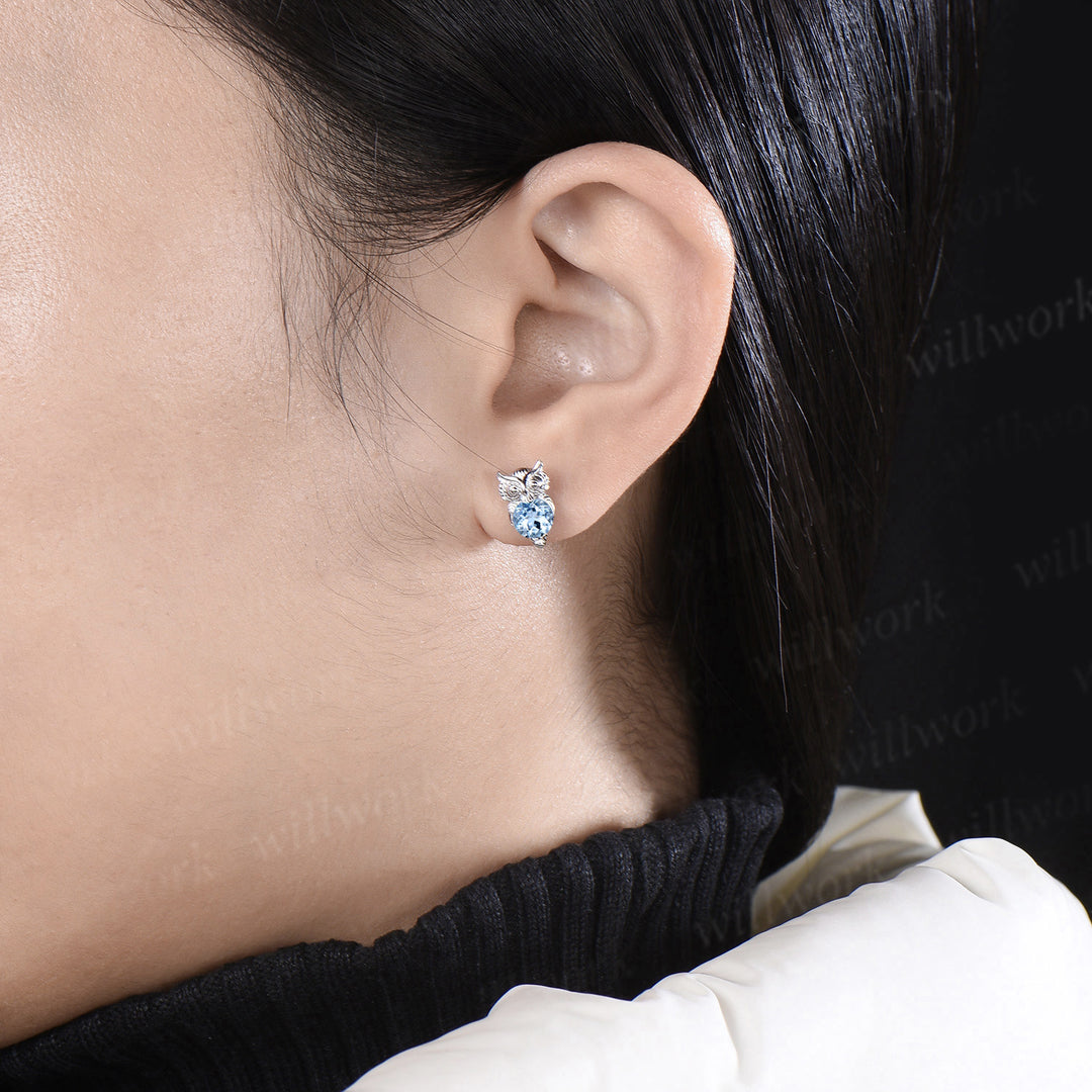 Owl round cut aquamarine Stud Earrings white gold Hypoallergenic Earrings Animal Inspired Gemstone Jewelry