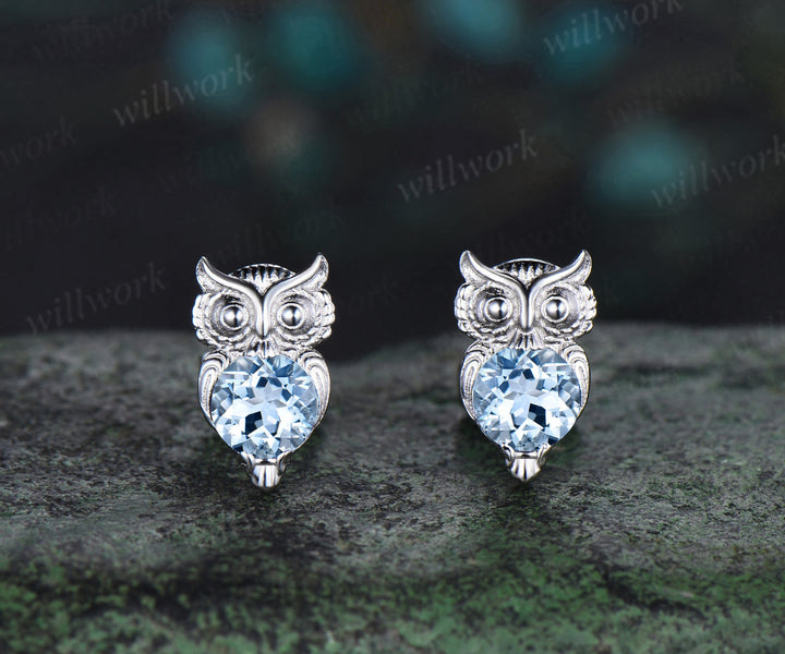 Owl round cut aquamarine Stud Earrings white gold Hypoallergenic Earrings Animal Inspired Gemstone Jewelry