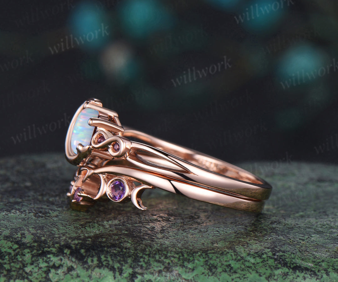 Round white opal engagement ring rose gold moon infinity five stone amethyst Celtic knot wedding ring set women