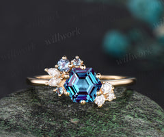 Hexagon cut Alexandrite ring gold silver for women vintage unique Alexandrite engagement ring cluster art deco moissanite bridal ring gift