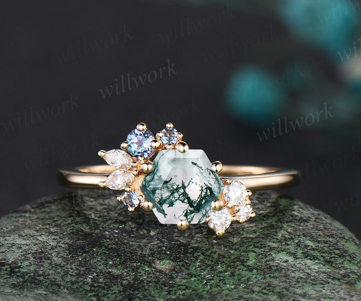 Hexagon cut moss agate ring yellow gold vintage unique cluster engagement ring 6 prong alexandrite diamond wedding bridal ring jewelry