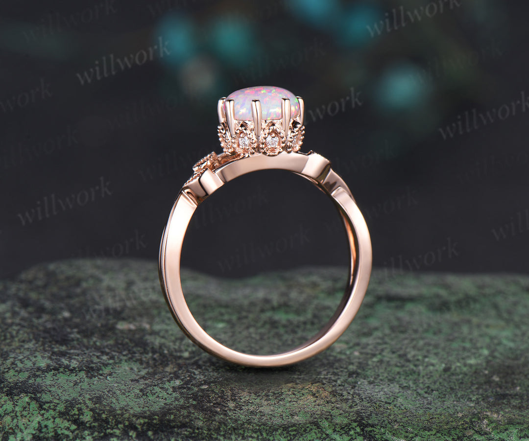 Vintage round white opal engagement ring solid 14k rose gold infinity marquise leaf under halo diamond wedding ring set women