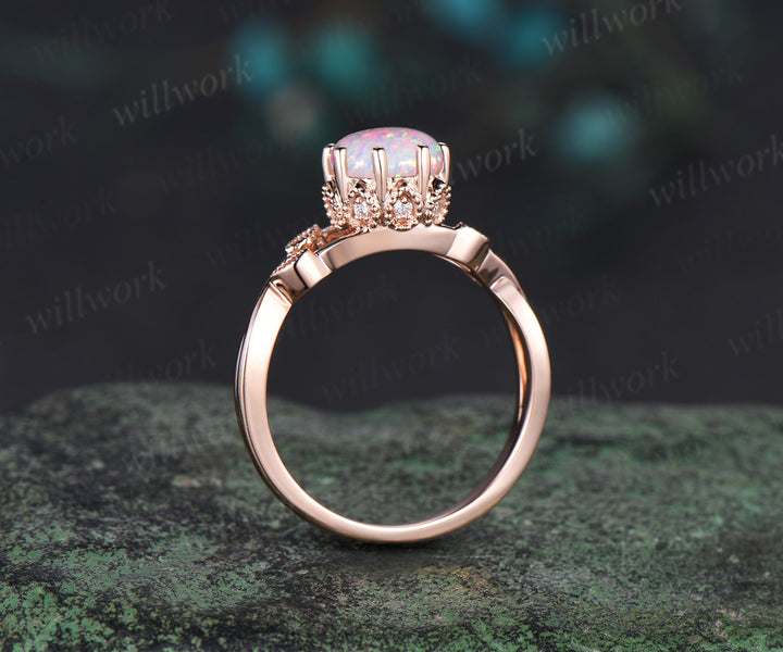 Vintage round white opal engagement ring solid 14k rose gold infinity marquise leaf under halo diamond wedding ring set women