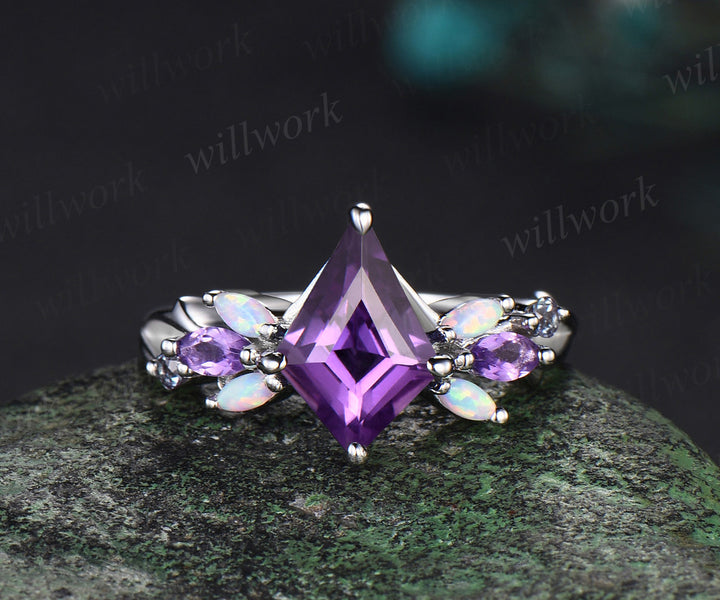 Vintage Kite Amethyst Engagement Ring Set White Gold Vines alexandrite Opal Ring Women Bridal Set Unique Twig Anniversary Promise Ring Gift