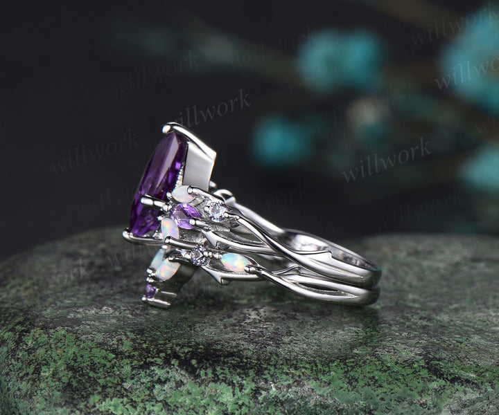 Vintage Kite Amethyst Engagement Ring Set White Gold Vines alexandrite Opal Ring Women Bridal Set Unique Twig Anniversary Promise Ring Gift