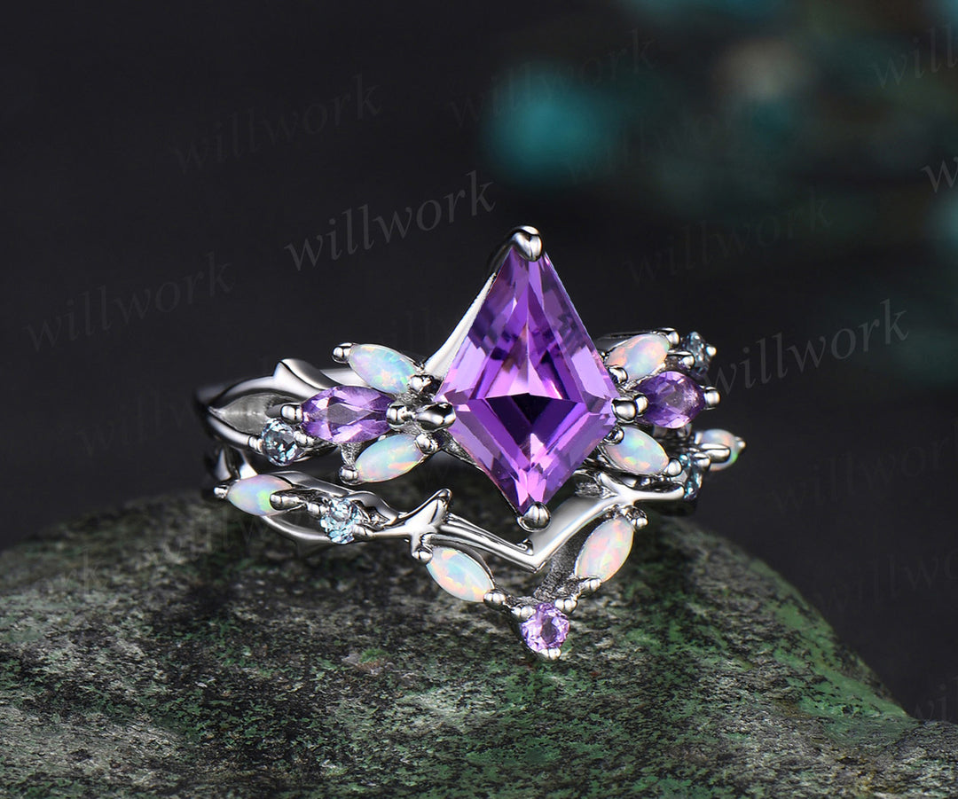 Vintage Kite Amethyst Engagement Ring Set White Gold Vines alexandrite Opal Ring Women Bridal Set Unique Twig Anniversary Promise Ring Gift