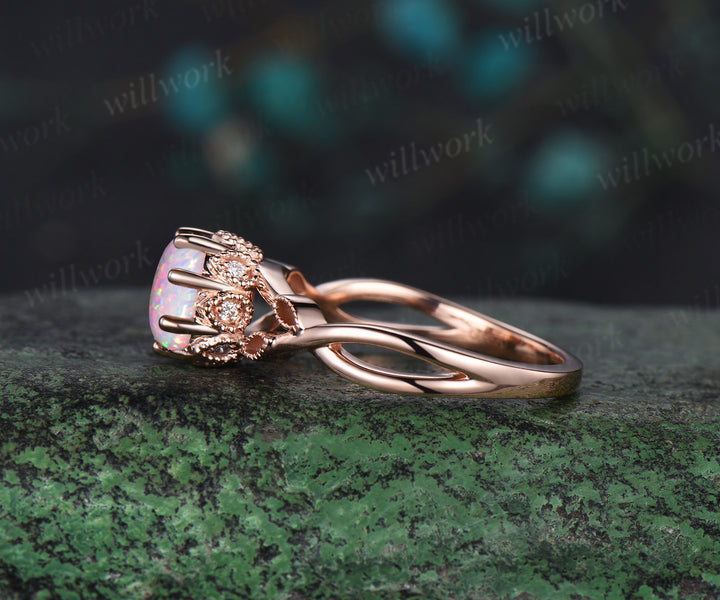 Vintage round white opal engagement ring solid 14k rose gold infinity marquise leaf under halo diamond wedding ring set women