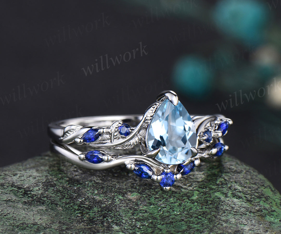 Pear cut aquamarine ring vintage sapphire white gold Twig Vine leaf unique Engagement Ring women Nature Inspired wedding anniversary gift