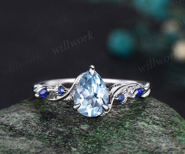 Pear cut aquamarine ring vintage sapphire white gold Twig Vine leaf unique Engagement Ring women Nature Inspired wedding anniversary gift