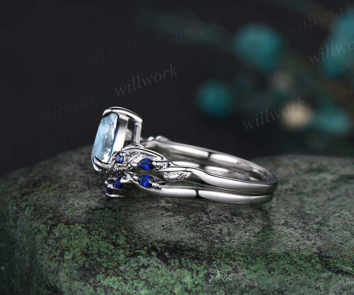 Pear cut aquamarine ring vintage sapphire white gold Twig Vine leaf unique Engagement Ring women Nature Inspired wedding anniversary gift