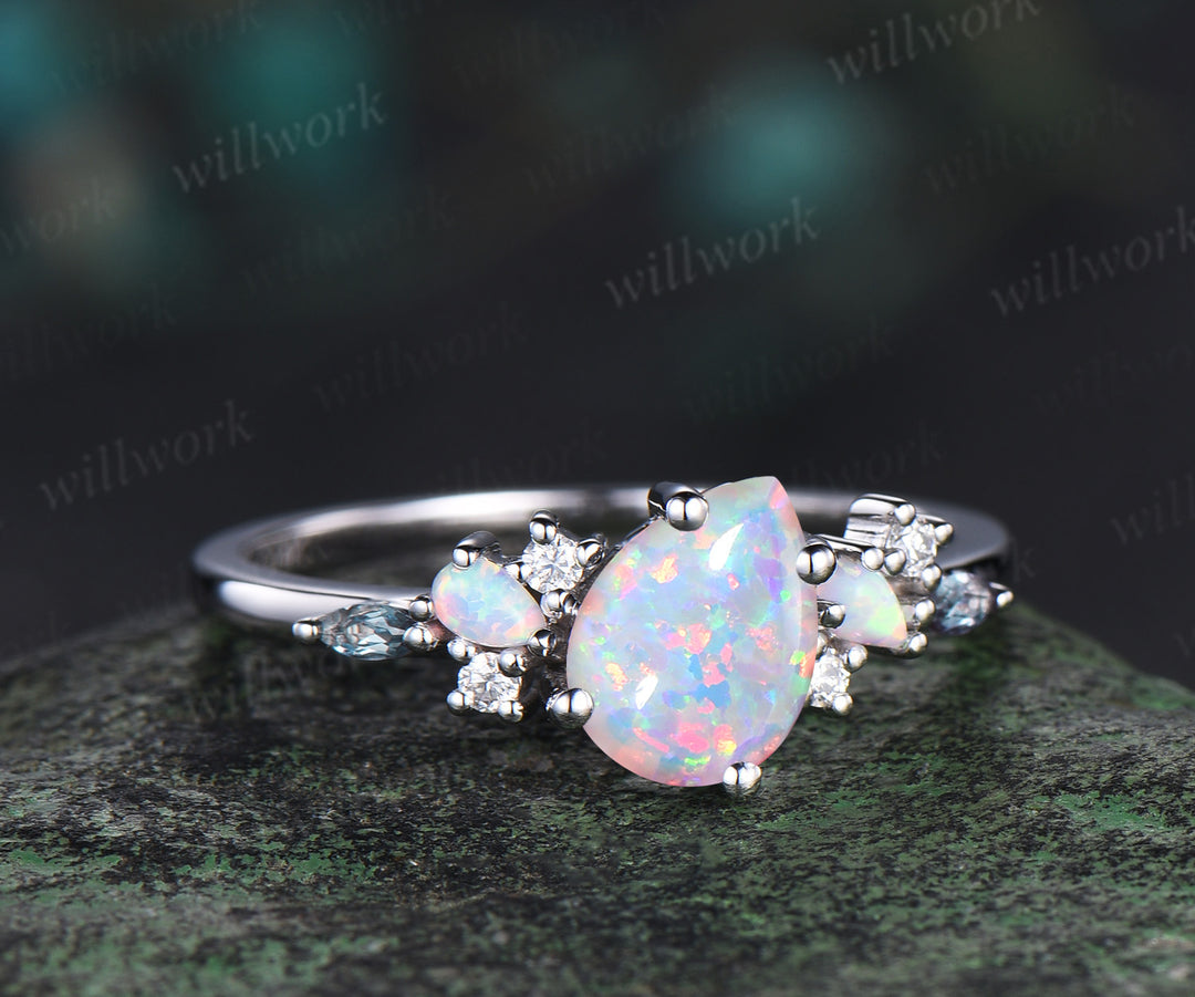 Pear shaped opal engagement ring solid 14k white gold cluster alexandrite ring vintage dainty unique bridal anniversary ring gift