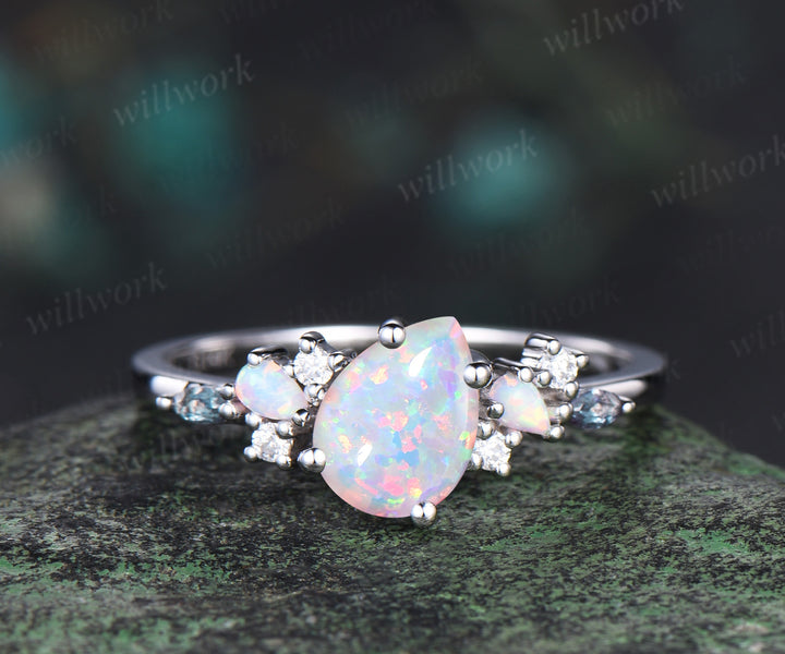 Pear shaped opal engagement ring solid 14k white gold cluster alexandrite ring vintage dainty unique bridal anniversary ring gift