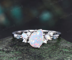Pear shaped opal engagement ring solid 14k white gold cluster alexandrite ring vintage dainty unique bridal anniversary ring gift