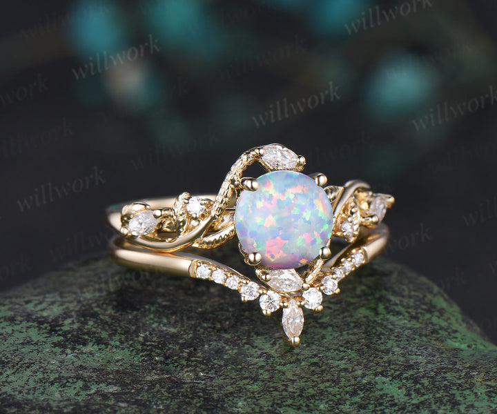 Round white opal ring vintage yellow gold leaf Snake unique engagement ring twisted diamond bridal wedding ring women