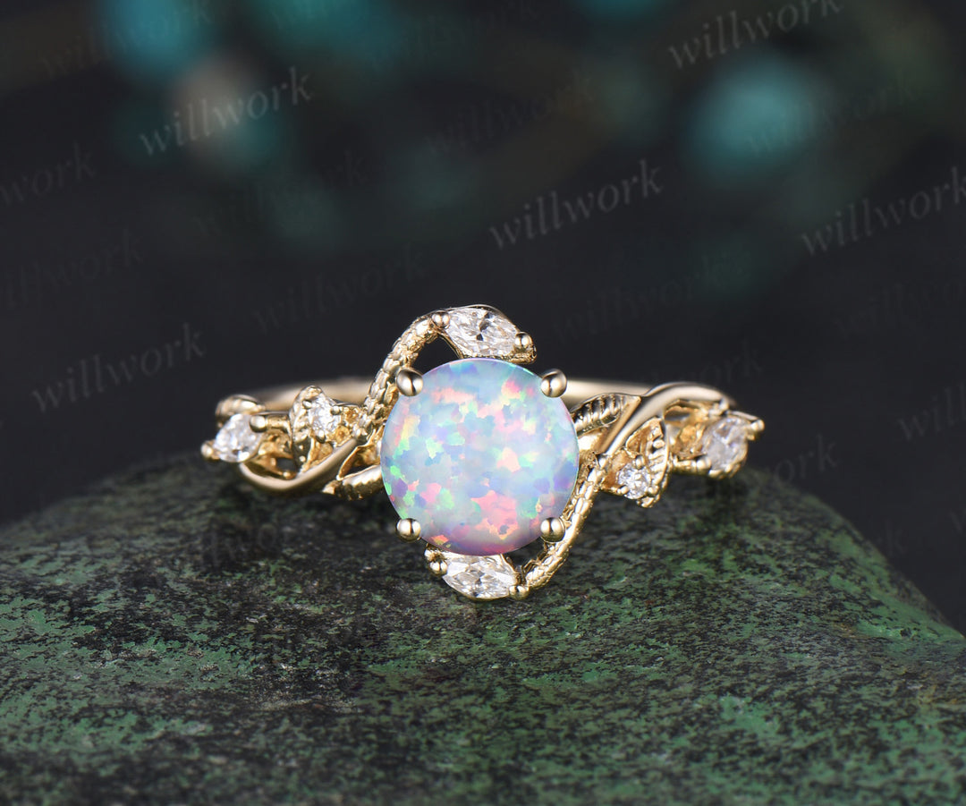 Round white opal ring vintage yellow gold leaf Snake unique engagement ring twisted diamond bridal wedding ring women