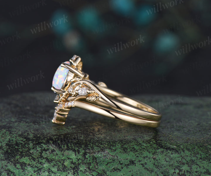 Round white opal ring vintage yellow gold leaf Snake unique engagement ring twisted diamond bridal wedding ring women